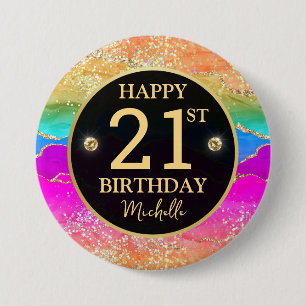 Badge Rond 7,6 Cm Anniversaire 21 Ans Elégant Arc-en-Ciel Paillettes