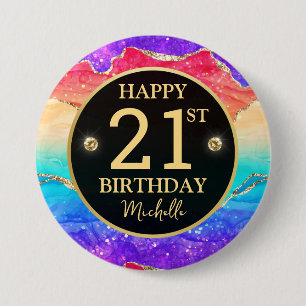 Badge Rond 7,6 Cm Anniversaire 21 Ans Élégant Arc-en-Ciel Paillettes