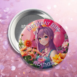 Badge Rond 7,6 Cm Anniversaire Anime Fille Personnalisée