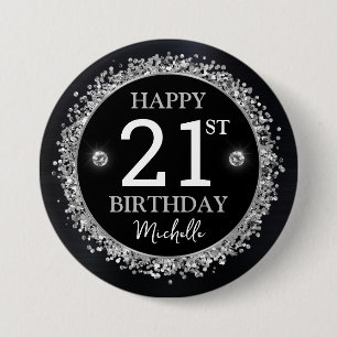 Badge Rond 7,6 Cm Anniversaire Confettis Noir et Argent Pailletés