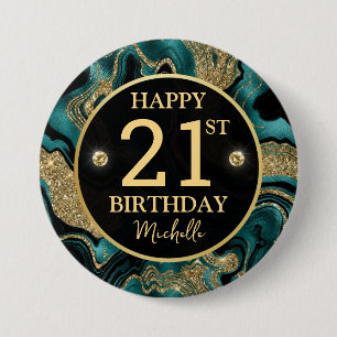 Badge Rond 7,6 Cm Anniversaire élégant à paillettes sarcelle et or A