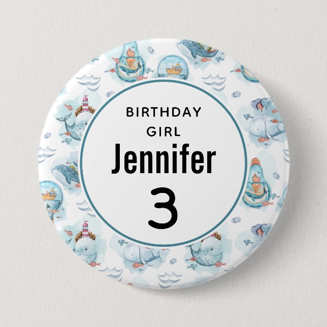 Badge Rond 7,6 Cm Anniversaire fille mignonne baleines nautiques Mot (Devant)