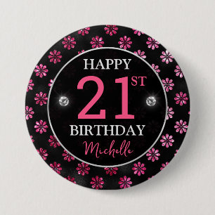 Badge Rond 7,6 Cm Anniversaire Fleurs Noires et Paillettes Rose Chau