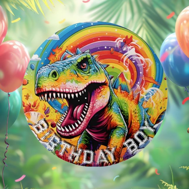 Badge Rond 7,6 Cm Anniversaire heureux de dinosaure arc-en-ciel (Rainbow Dinosaur Happy Birthday Button for Fun Celebrations!)