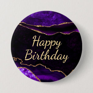 Badge Rond 7,6 Cm Anniversaire Heureux Paillettes Agate Or Violet Lu