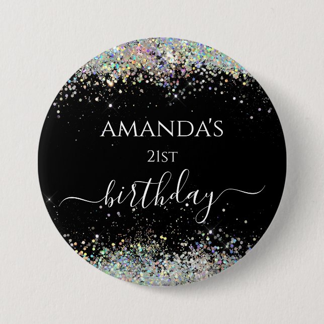 Badge Rond 7,6 Cm Anniversaire holographique paillettes nom personna (Devant)