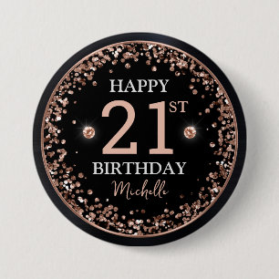 Badge Rond 7,6 Cm Anniversaire paillettes noir et or rose Confetti