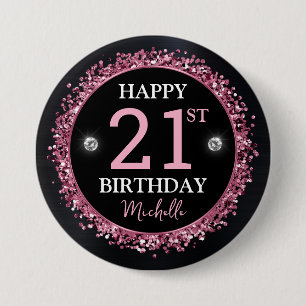 Badge Rond 7,6 Cm Anniversaire paillettes noir et rose Confetti