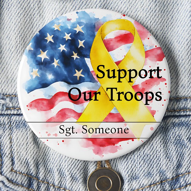Badge Rond 7,6 Cm Appuyer nos troupes Jaune Sensibilisation Ruban La (Support Our Troops Large Yellow Awareness Ribbon pinback button. US flag.)