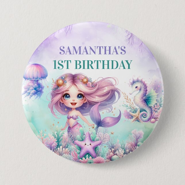 Badge Rond 7,6 Cm Aqua Green violet Petite Sirène 1ère fille anniver (Devant)