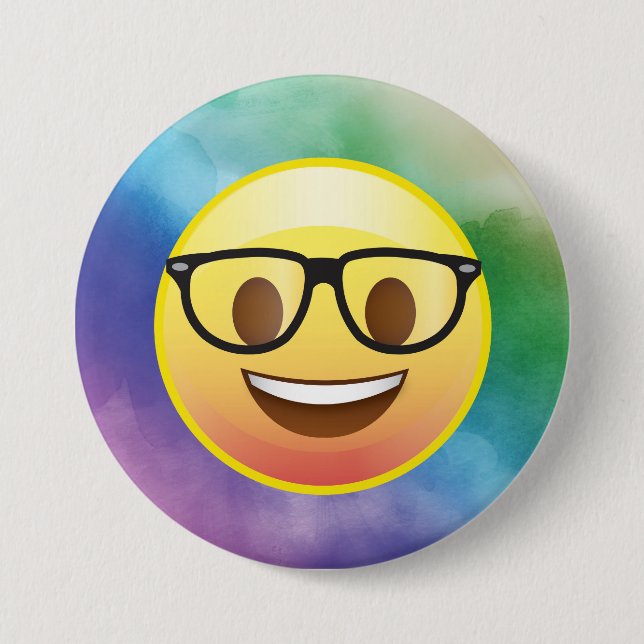 Badge Rond 7,6 Cm Aquarelle arc-en-ciel Nerd Émoji lunettes Pin (Devant)