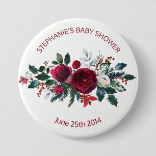 Badge Rond 7,6 Cm Aquarelle Hiver Fleurs Bourgogne