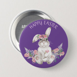 Badge Rond 7,6 Cm Aquarelle Lapin Blanc - Floral Joyeux Pâques