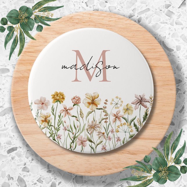 Badge Rond 7,6 Cm Aquarelle monogramme Fleur sauvage Floral de prair (Close up)