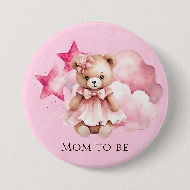 Badge Rond 7,6 Cm Aquarelle rose pâle Teddy Bear Girl Baby shower (Devant)