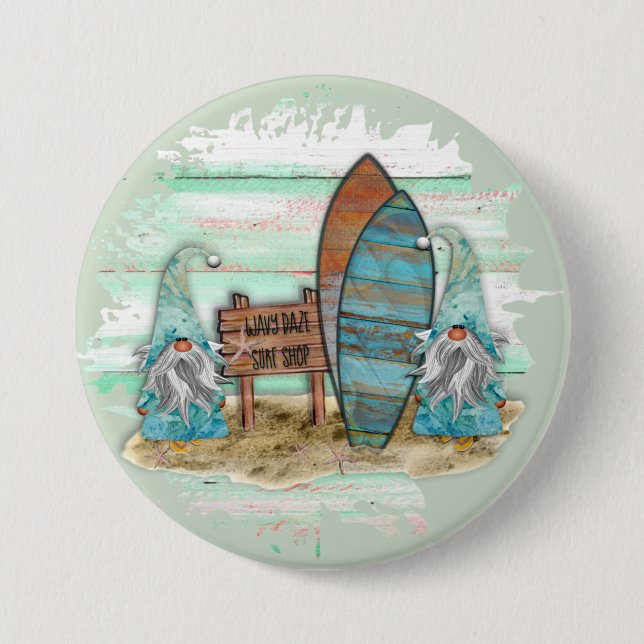 Badge Rond 7,6 Cm Aquarelle Tropical Surfing Beach Gnomes (Devant)