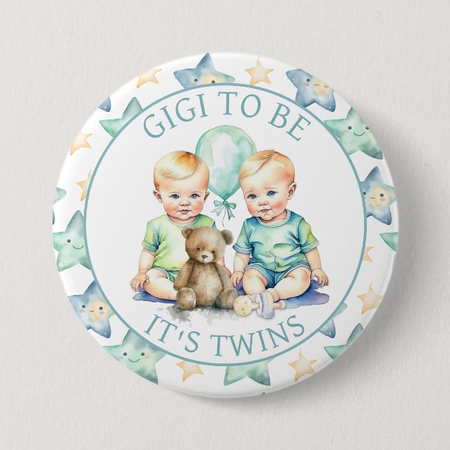 Badge Rond 7,6 Cm Aquarelle Twin Boys Baby shower Gigi à être (Devant)