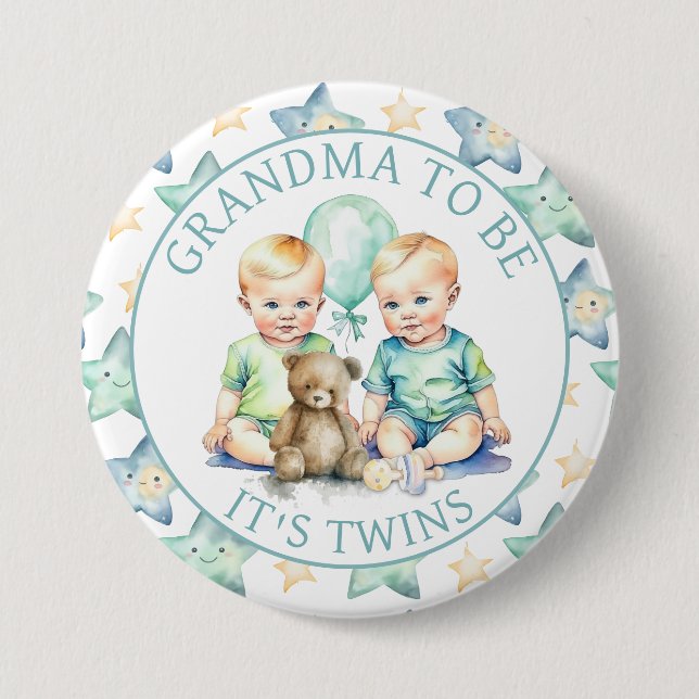 Badge Rond 7,6 Cm Aquarelle Twin Boys Baby shower Grand-mère à être (Devant)