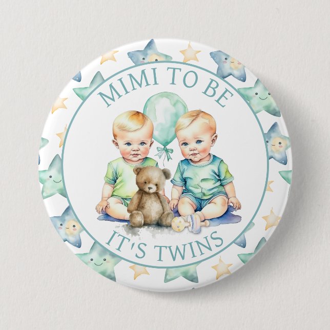 Badge Rond 7,6 Cm Aquarelle Twin Boys Baby shower Mimi à être (Devant)