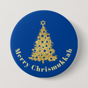 Badge Rond 7,6 Cm Arbre de Noël d'or avec l'étoile de David Button