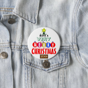 Badge Rond 7,6 Cm Arbre de Noël Joyeux Ornements Rouge Bleu Or 