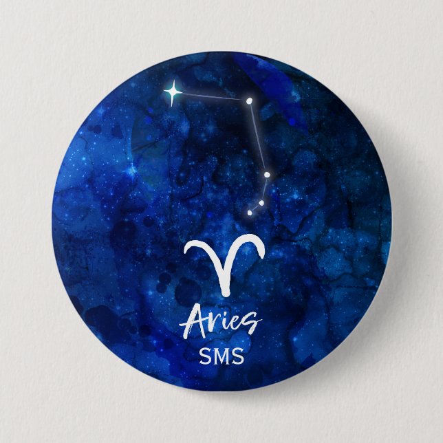 Badge Rond 7,6 Cm Aries Zodiac Constellation Blue Galaxy Monogramme (Devant)