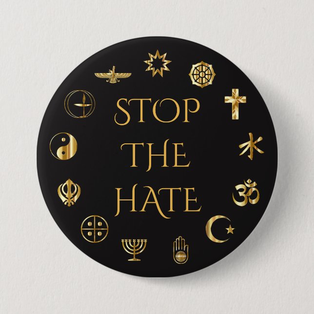 Badge Rond 7,6 Cm "Arrêtez la haine" avec des symboles des religions (Devant)