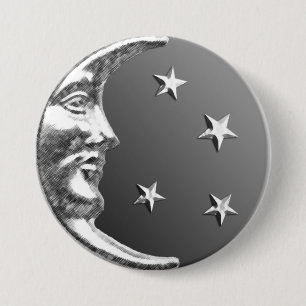 Badge Rond 7,6 Cm Art Déco Lune et Étoiles - gris / gris et argent