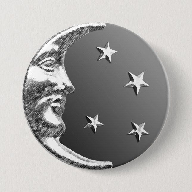 Badge Rond 7,6 Cm Art Déco Lune et Étoiles - gris / gris et argent (Devant)