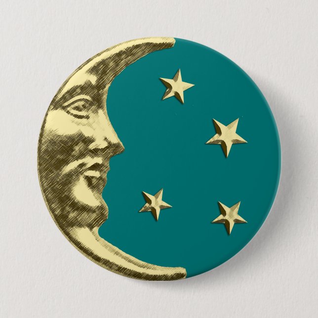 Badge Rond 7,6 Cm Art Déco Lune et Etoiles - Turquoise et or (Devant)