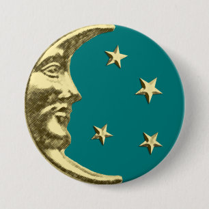 Badge Rond 7,6 Cm Art Déco Lune et Etoiles - Turquoise et or
