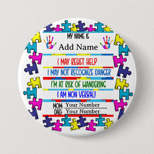 Badge Rond 7,6 Cm Autisme Alerte Pin non verbal