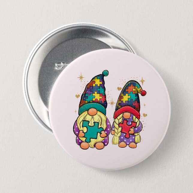 Badge Rond 7,6 Cm Autisme couple Gnome (Devant & derrière)