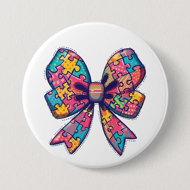 Badge Rond 7,6 Cm Autisme Maman Puzzle Pièce Coquette Bow Ruban Auti (Devant)
