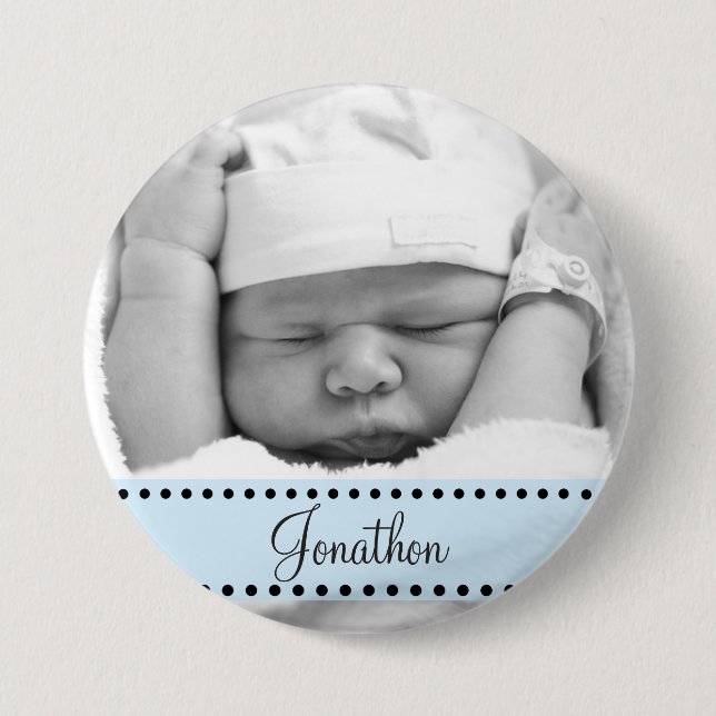Badge Rond 7,6 Cm Baby Boy Nom et Photo Magnet Blue Personnalisé (Devant)