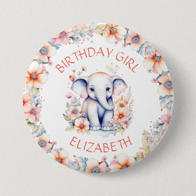 Badge Rond 7,6 Cm Baby Elephant Fille d'anniversaire Personnalisé (Devant)
