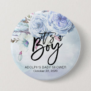 Badge Rond 7,6 Cm Baby shower Aquarelle Bohème Fleurs & Plumes