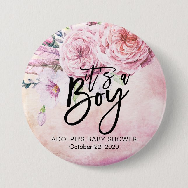 Badge Rond 7,6 Cm Baby shower Aquarelle Bohème Fleurs & Plumes (Devant)