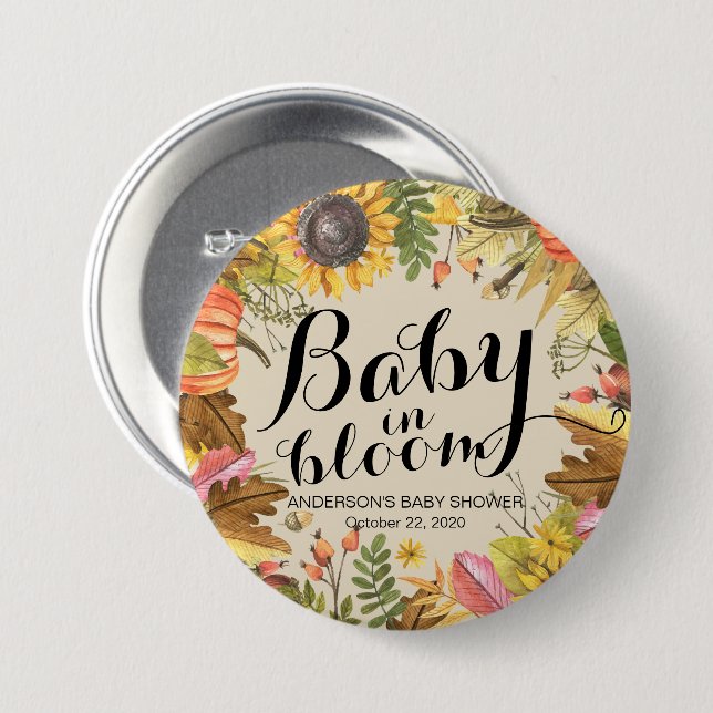 Badge Rond 7,6 Cm Baby shower bébé en fleur Maple Citrouille tournes (Devant & derrière)