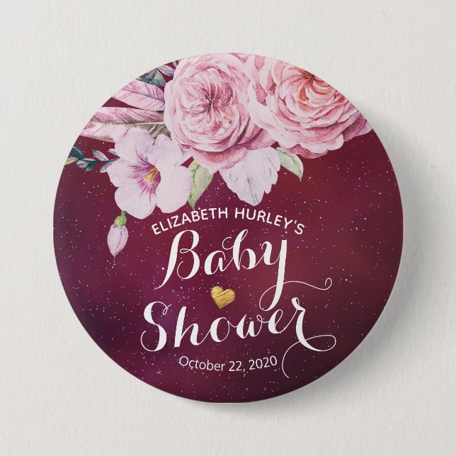 Badge Rond 7,6 Cm Baby shower Chic Boho Plumes florales Bourgogne Ro (Devant)