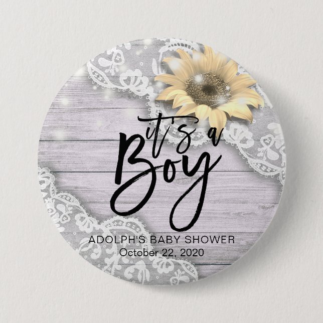 Badge Rond 7,6 Cm Baby shower dentelle tournesol grange bois String  (Devant)