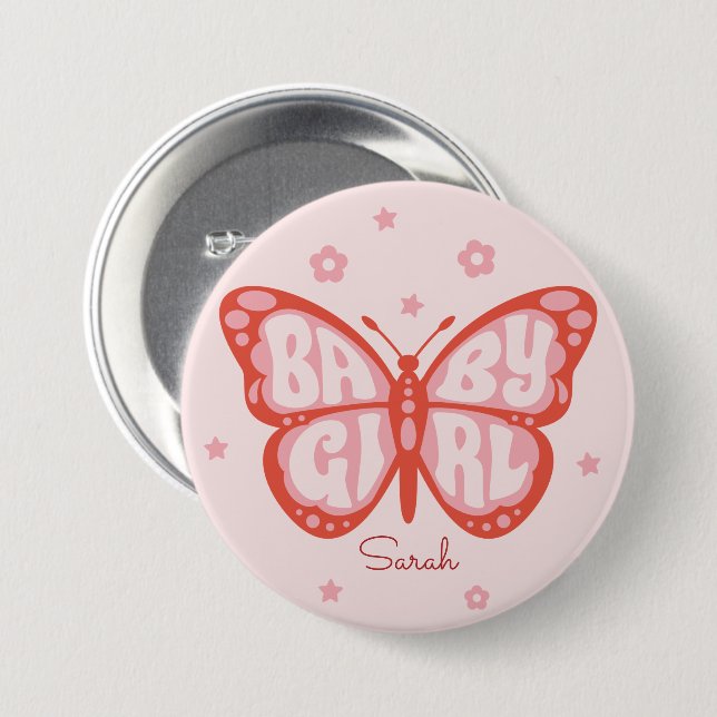 Badge Rond 7,6 Cm Baby shower papillon rose de la petite fille (Devant & derrière)