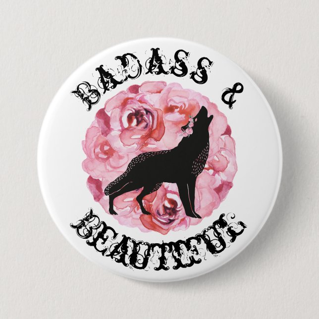 Badge Rond 7,6 Cm Badass et beaux loup et bouton noirs de roses (Devant)
