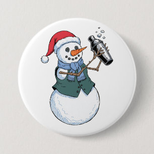 Badge Rond 7,6 Cm Barman Bonhomme de Neige Noël 2026 Cocktail de Fêt