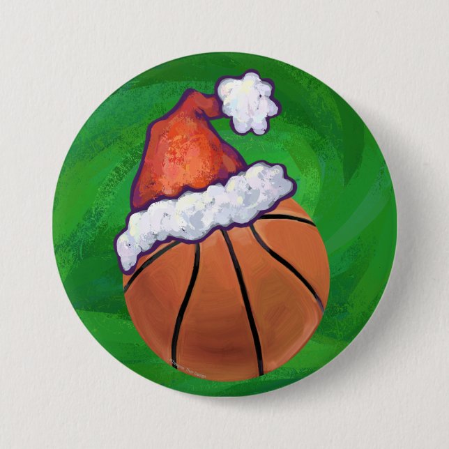 Badge Rond 7,6 Cm Basket-ball de Santa Hat sur Green (Devant)