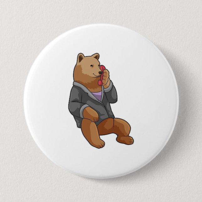 Badge Rond 7,6 Cm Bear as Secretary with Phone (Devant)