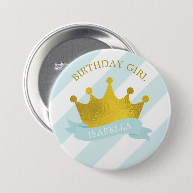 Badge Rond 7,6 Cm Bébé Bleu et Or Tiara "Fille d'anniversaire" (Devant & derrière)