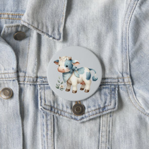 Badge Rond 7,6 Cm Bébé Vache Gingham Bleu Pastel Esthétique Ferme