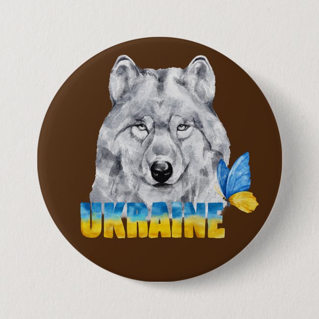 Badge Rond 7,6 Cm Belle aquarelle Ukraine Loup et Papillon (Devant)