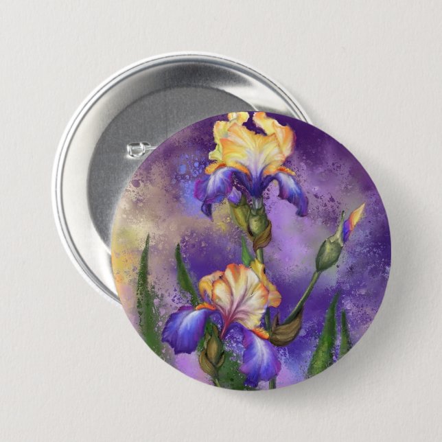 Badge Rond 7,6 Cm Belle Fleur Iris - Peinture Art (Devant & derrière)